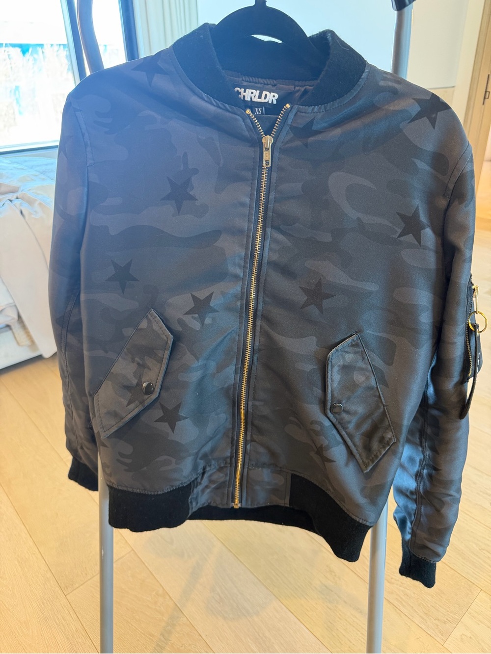 CHRLDR women’s xs' Black Camo Star Bomber Jacket in like new condition worn once